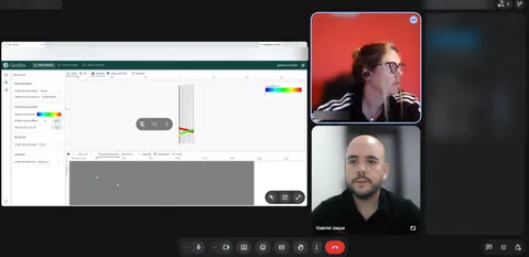 Sesión remota con una grilla GPR visualizada en Geolitix mientras una participante presenta su pantalla