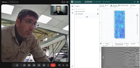Participante de Ingesud en la sesión remota junto a perfiles GPR y cortes a 600 MHz en Geolitix